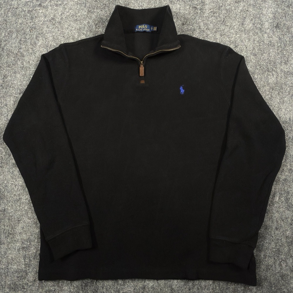 Polo Ralph Lauren Estate Rib Quarter Zip Sweater Mens L Black Blue Pony Cotton